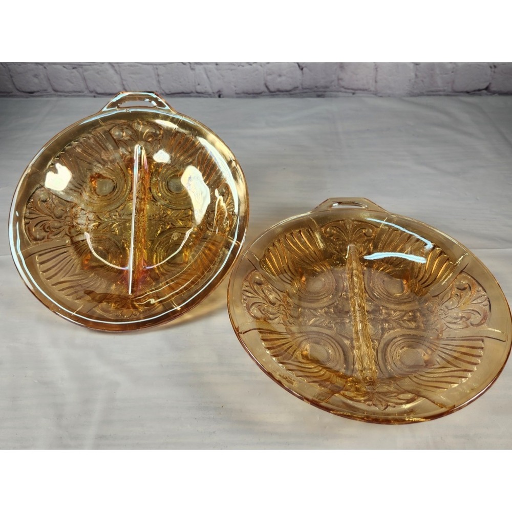 Set of 2 Vintage Indiana Amber Marigold‎ Carnival Glass Divided dish